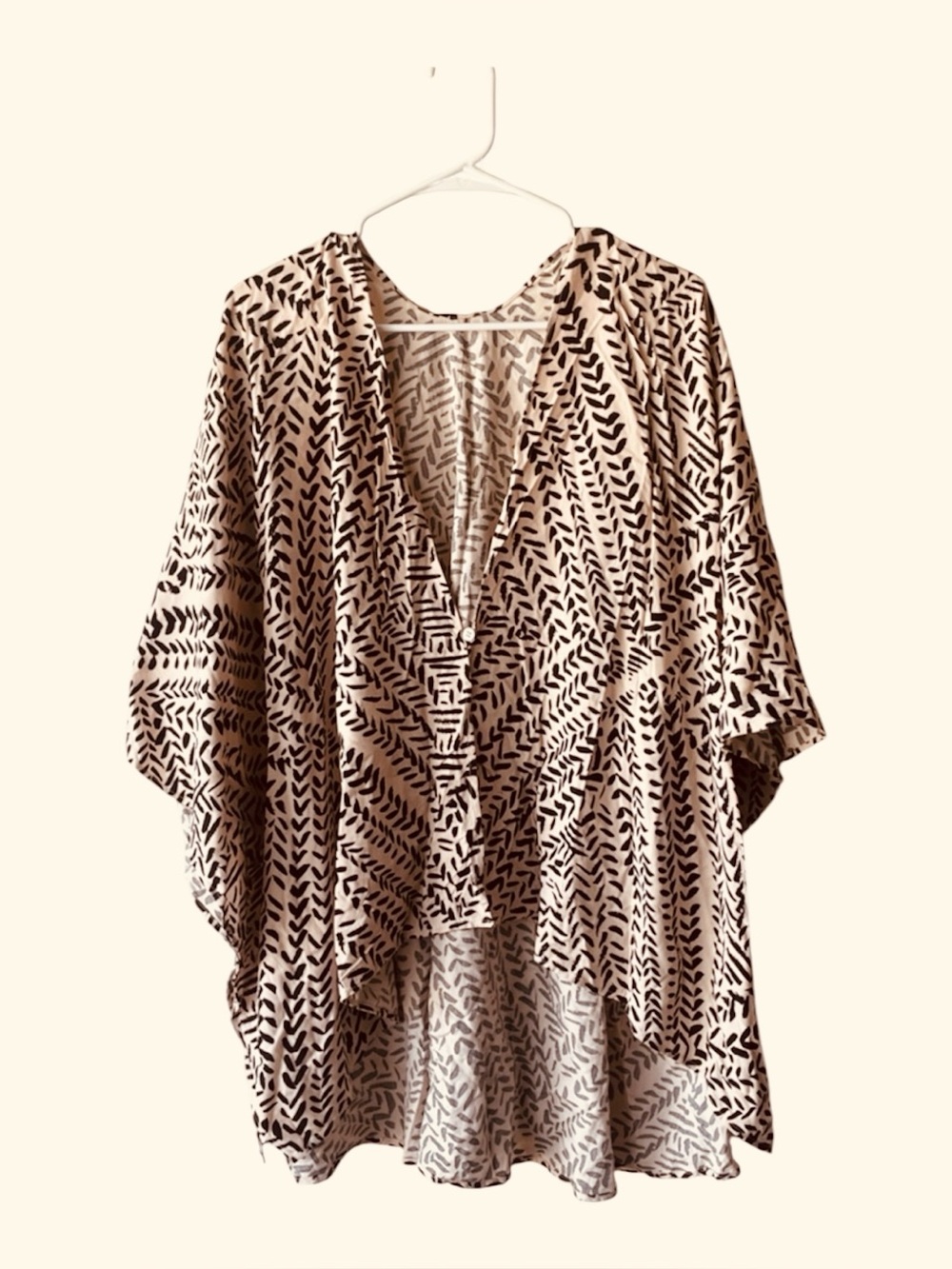 Sseko Cream and Black Printed Open-Front Poncho Sweater